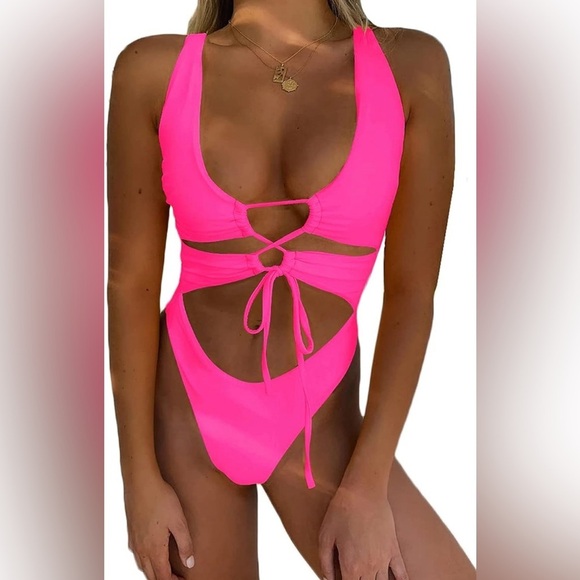 Pink One Piece Swimsuit with cutout - Picture 3 of 10